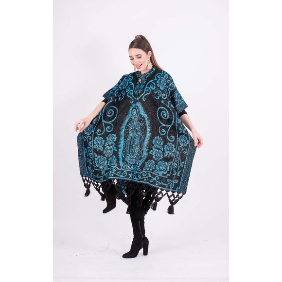 Cielito Lindo Sweaters - Mexican Our Lady of Guadalupe Poncho Turquoise